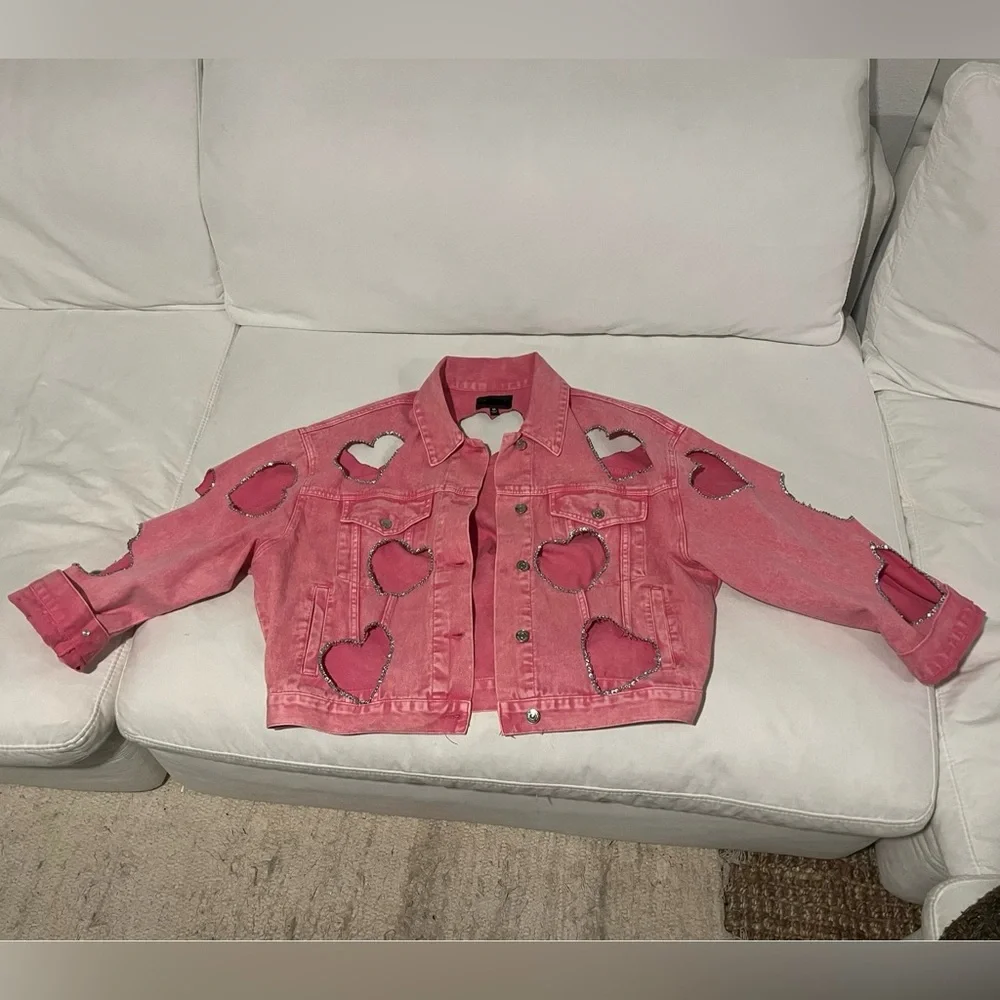 HANDMADE Pink Denim Rhinestone Jacket - Picture 2 of 3